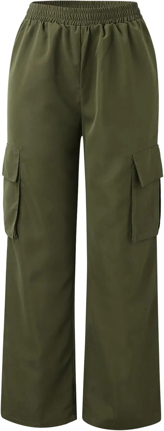 Women's Cargo Pants Y2K Elastic High Waist Straight Parachute Pants Solid Fashion Wide Leg Baggy Trousers with Large Pockets