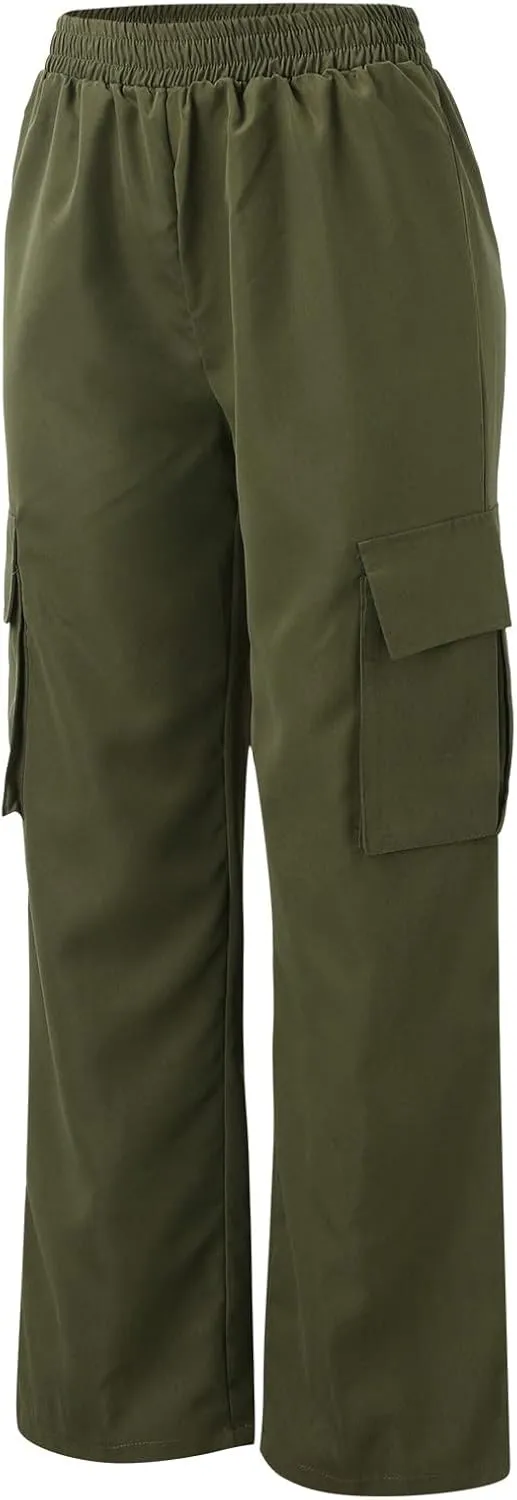 Women's Cargo Pants Y2K Elastic High Waist Straight Parachute Pants Solid Fashion Wide Leg Baggy Trousers with Large Pockets