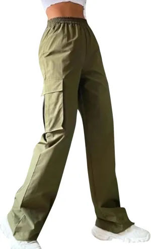 Women's Cargo Pants Y2K Elastic High Waist Straight Parachute Pants Solid Fashion Wide Leg Baggy Trousers with Large Pockets