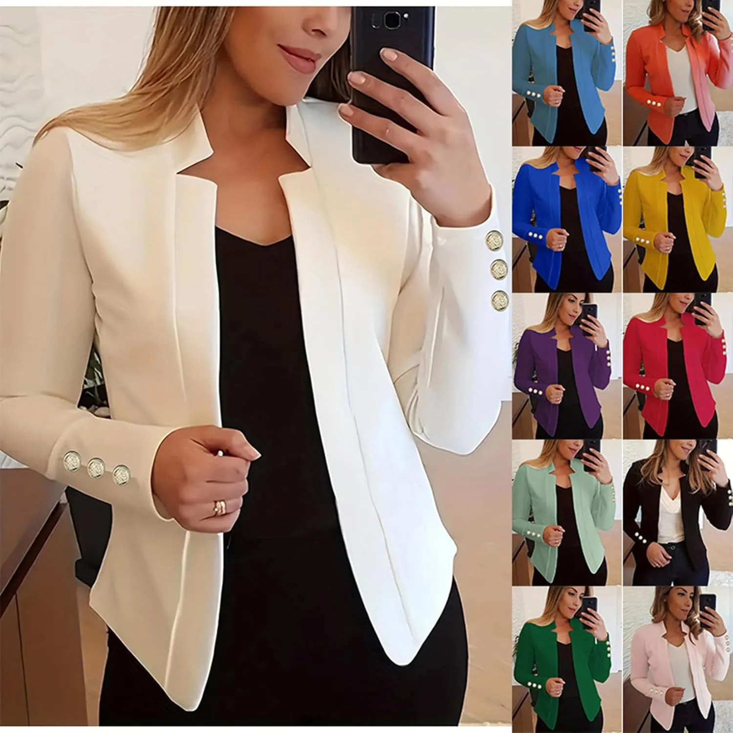 Womens Casual Business Autumn Blazers Button Lapel Suits Open Front Solid Color Jackets