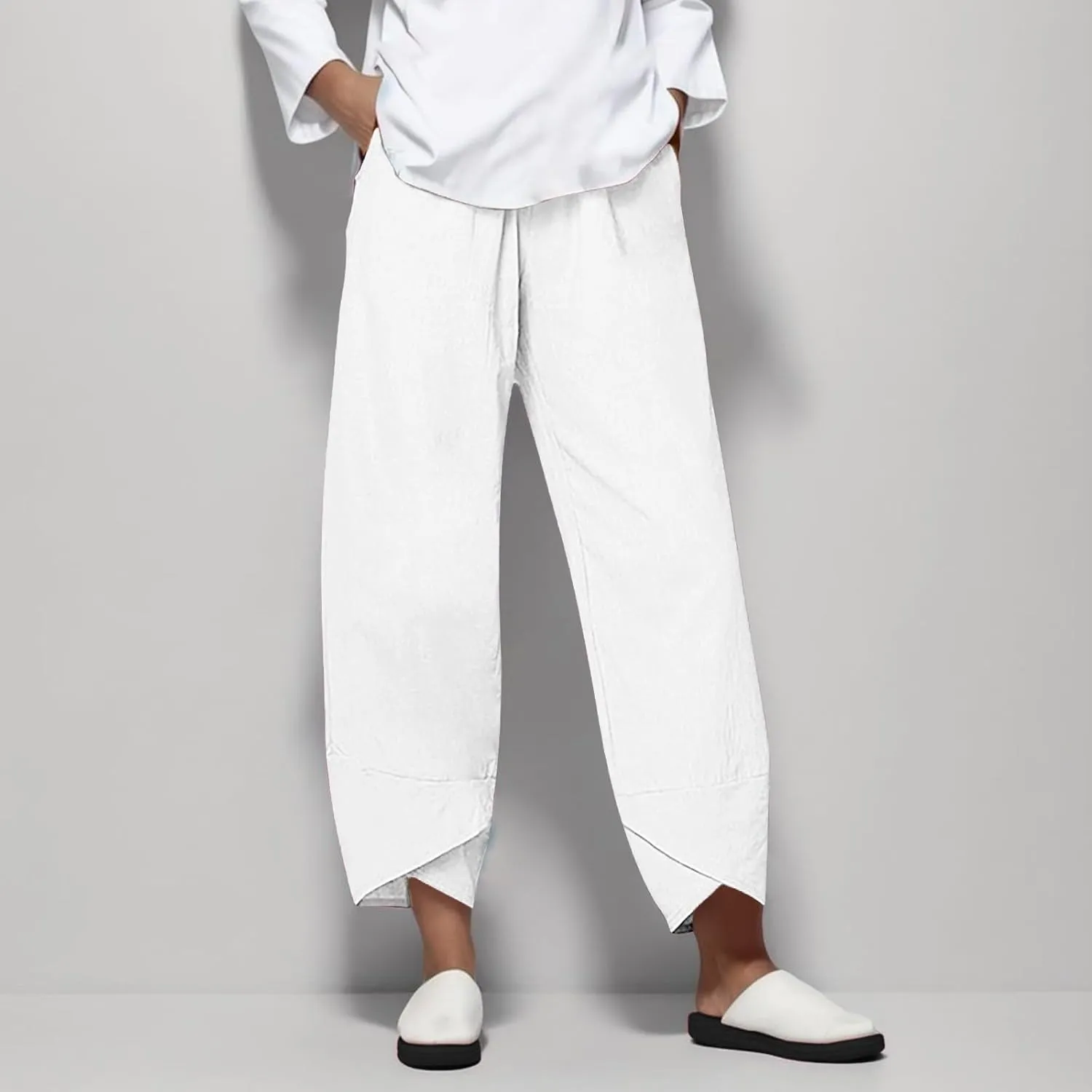 Womens Casual Cotton Linen Pants Lightweight Comfy Drawstring Loose Beach Palazzo Harem Capri Pants Trousers with Pockets