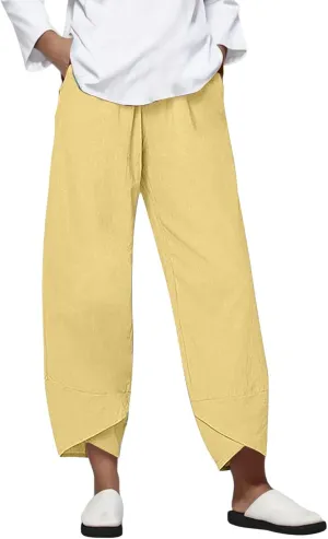 Womens Casual Cotton Linen Pants Lightweight Comfy Drawstring Loose Beach Palazzo Harem Capri Pants Trousers with Pockets