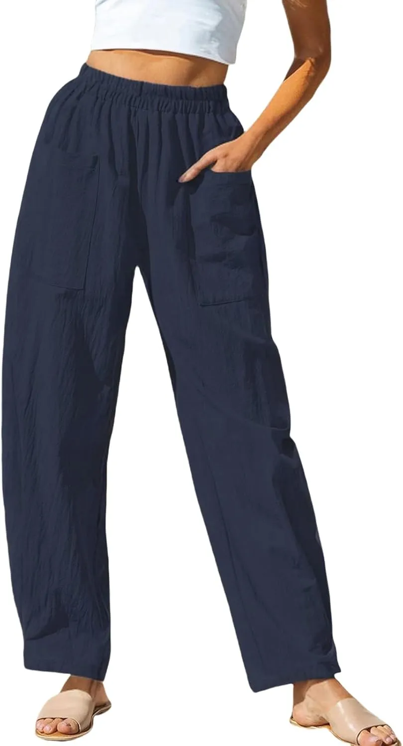 Womens Casual Cotton Linen Pants Summer Lightweight High Waisted Elastic Pants Workout Lounge Trousers 2025
