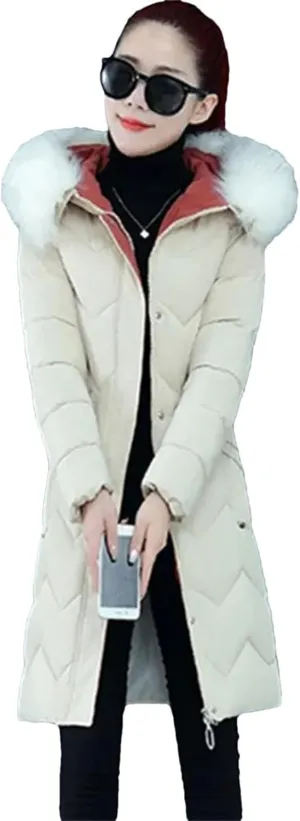 Women's Casual Down Jacket Hooded Warm Parker Coat with Hood and Pile Collar Cotton-Padded Parka Beige