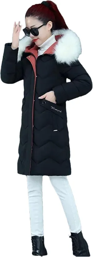 Women's Casual Down Jacket Hooded Warm Parker Coat with Hood and Pile Collar Cotton-Padded Parka Black