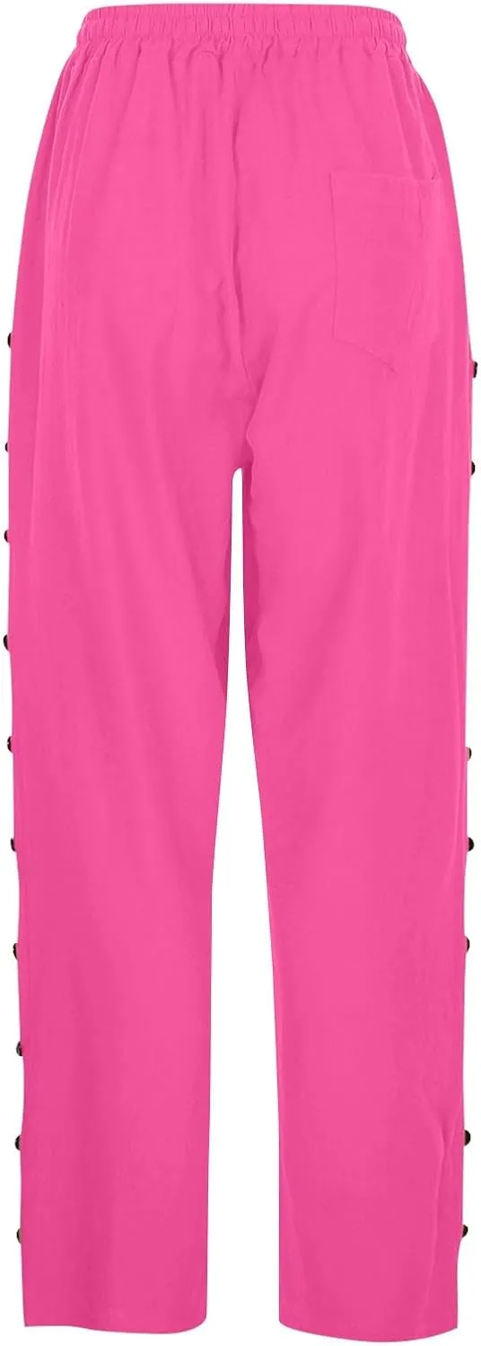 Womens Casual Lightweight Drawstring Elastic Waist Pants with Pockets Trendy Beach Straight Leg Slacks Capri Trousers