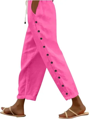 Womens Casual Lightweight Drawstring Elastic Waist Pants with Pockets Trendy Beach Straight Leg Slacks Capri Trousers
