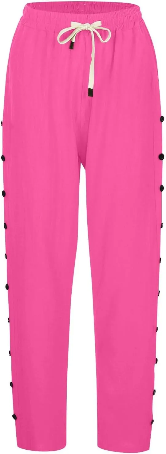 Womens Casual Lightweight Drawstring Elastic Waist Pants with Pockets Trendy Beach Straight Leg Slacks Capri Trousers