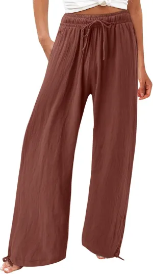 Womens Casual Linen Pants 2025 Lightweight Trendy Summer Relax Fit Elastic Waist Long Palazzo Trousers Plus Size