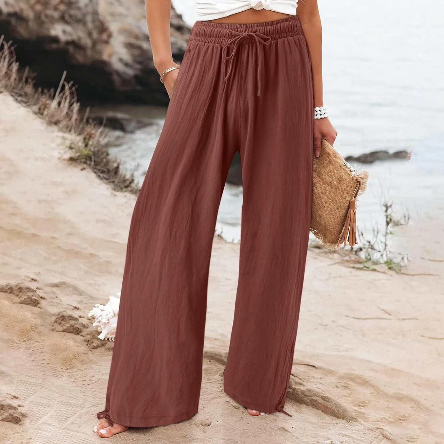 Womens Casual Linen Pants 2025 Lightweight Trendy Summer Relax Fit Elastic Waist Long Palazzo Trousers Plus Size