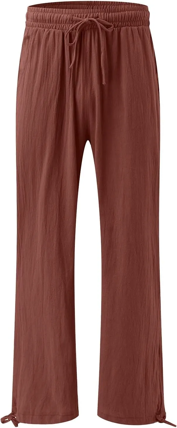 Womens Casual Linen Pants 2025 Lightweight Trendy Summer Relax Fit Elastic Waist Long Palazzo Trousers Plus Size
