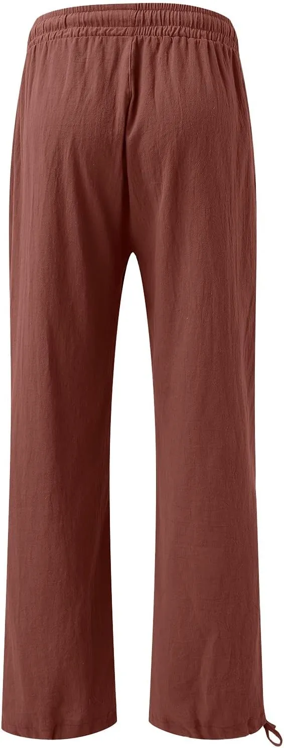Womens Casual Linen Pants 2025 Lightweight Trendy Summer Relax Fit Elastic Waist Long Palazzo Trousers Plus Size