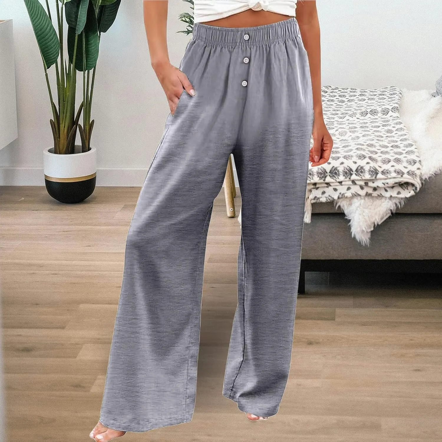 Women's Casual Wide Leg Pants Summer High Waisted Cotton Linen Palazzo Pants Boho Flowy Lounge Trousers