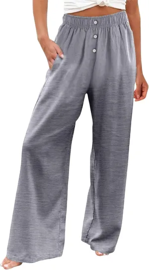 Women's Casual Wide Leg Pants Summer High Waisted Cotton Linen Palazzo Pants Boho Flowy Lounge Trousers