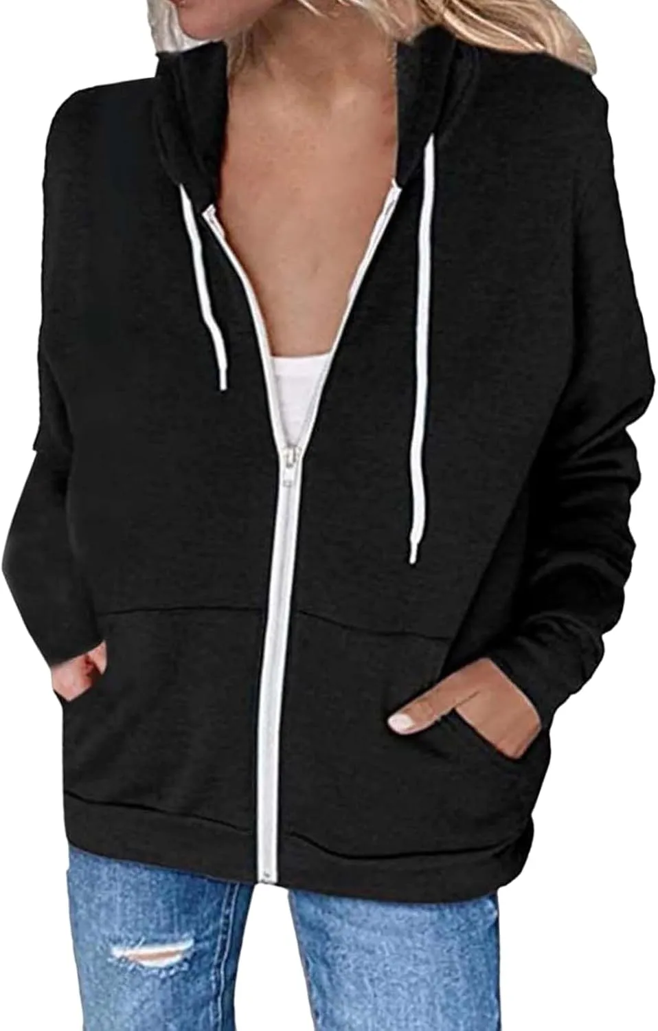 Women's Casual Zip Up Hoodie Drawstring Lightweight Sweatshirts Long Sleeve Coats Loose Solid Jackets with Pockets