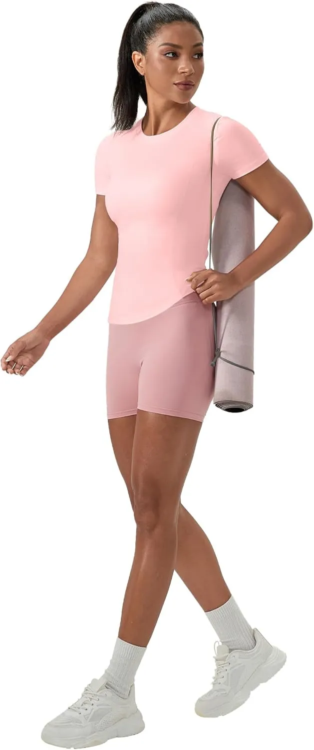 Women's Compression Shirts Short Sleeve Crewneck Athletic Nylon Workout Tops Yoga Gym Quick Dry Tee Shirts