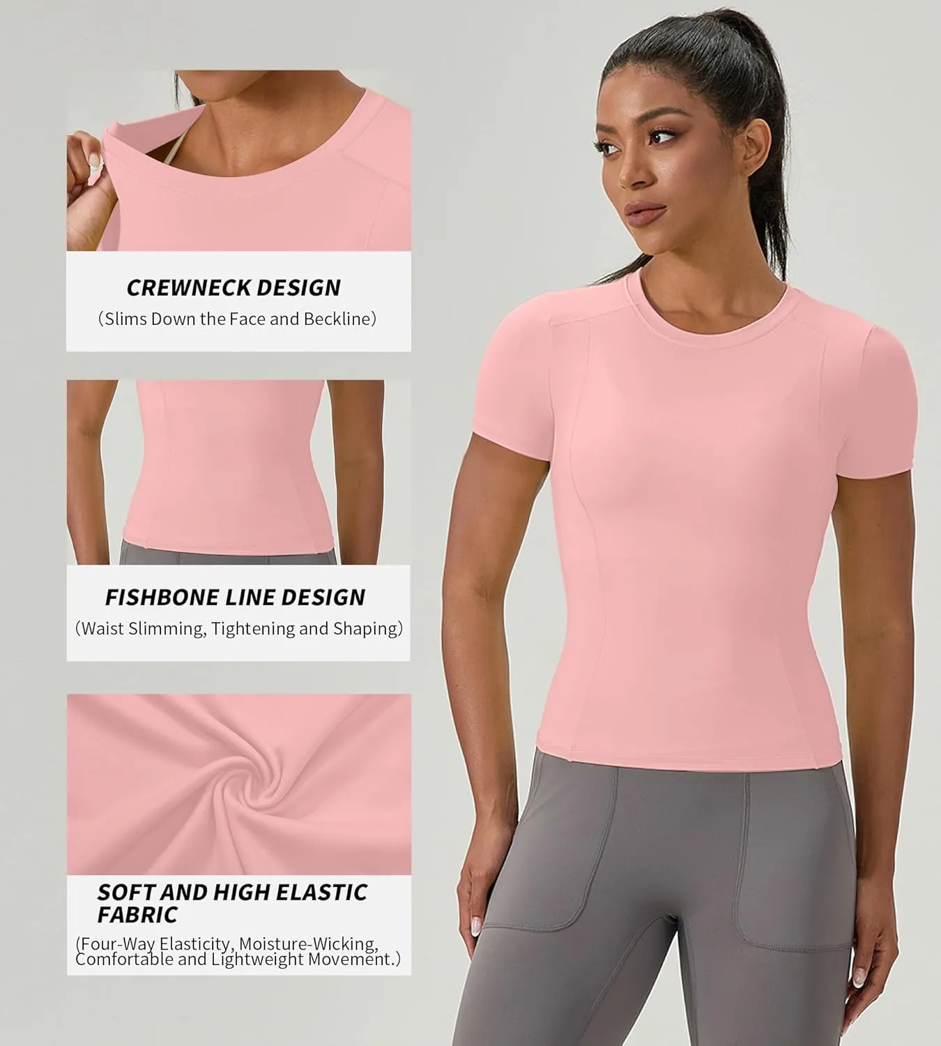 Women's Compression Shirts Short Sleeve Crewneck Athletic Nylon Workout Tops Yoga Gym Quick Dry Tee Shirts