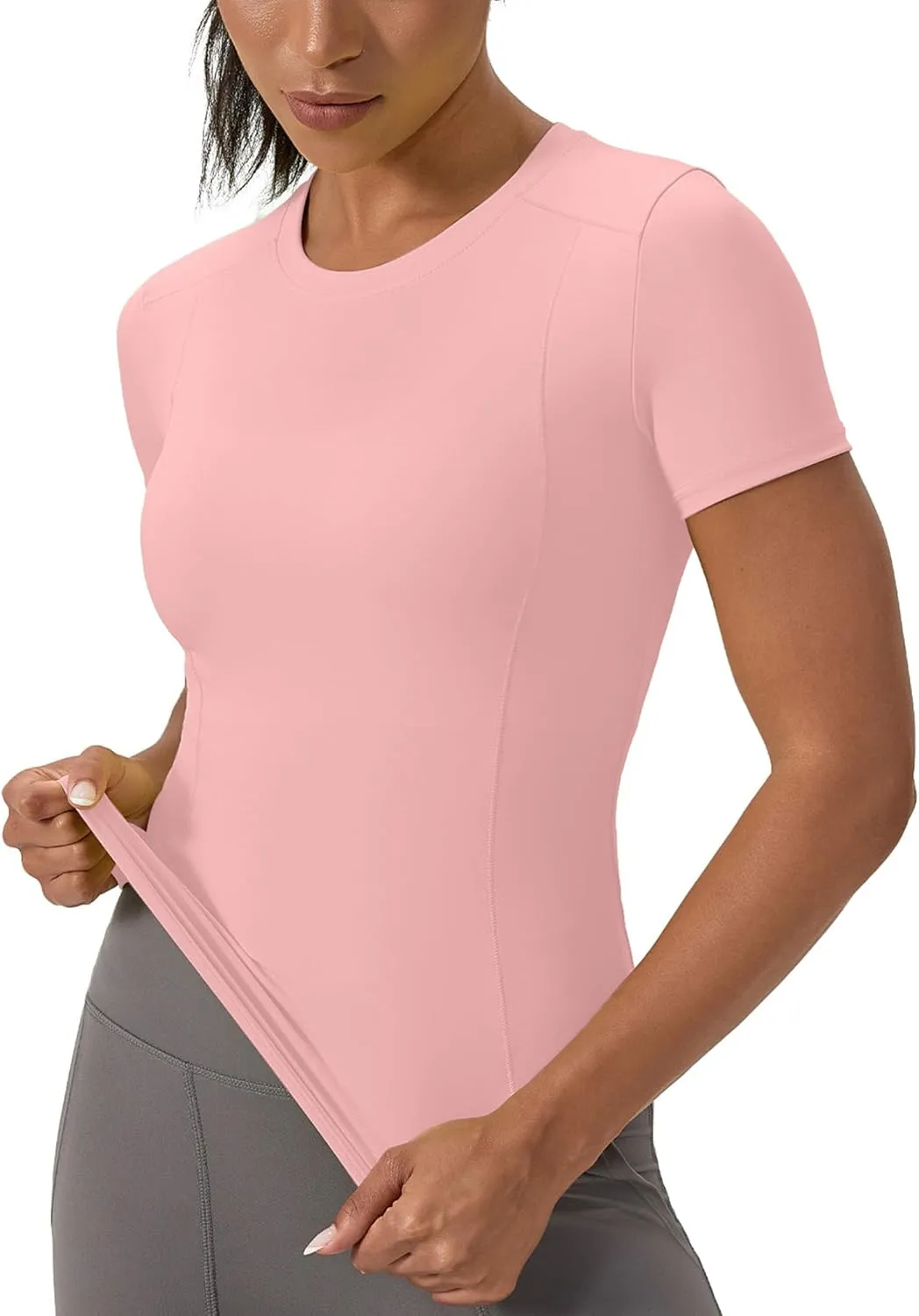 Women's Compression Shirts Short Sleeve Crewneck Athletic Nylon Workout Tops Yoga Gym Quick Dry Tee Shirts