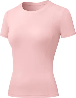 Women's Compression Shirts Short Sleeve Crewneck Athletic Nylon Workout Tops Yoga Gym Quick Dry Tee Shirts