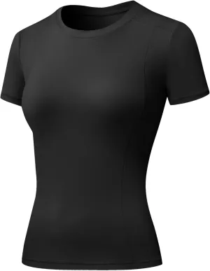 Women's Compression Shirts Short Sleeve Crewneck Athletic Nylon Workout Tops Yoga Gym Quick Dry Tee Shirts