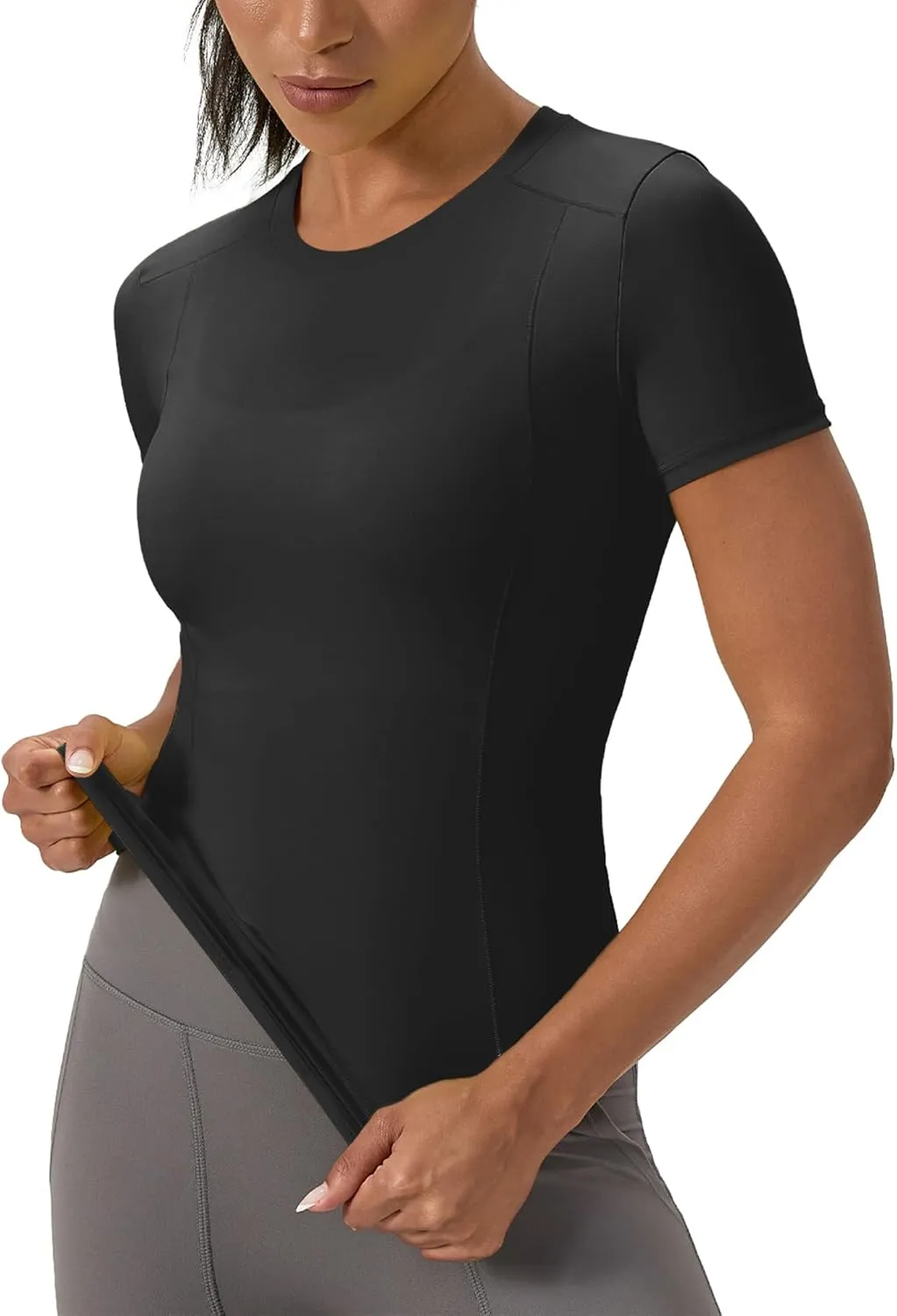 Women's Compression Shirts Short Sleeve Crewneck Athletic Nylon Workout Tops Yoga Gym Quick Dry Tee Shirts