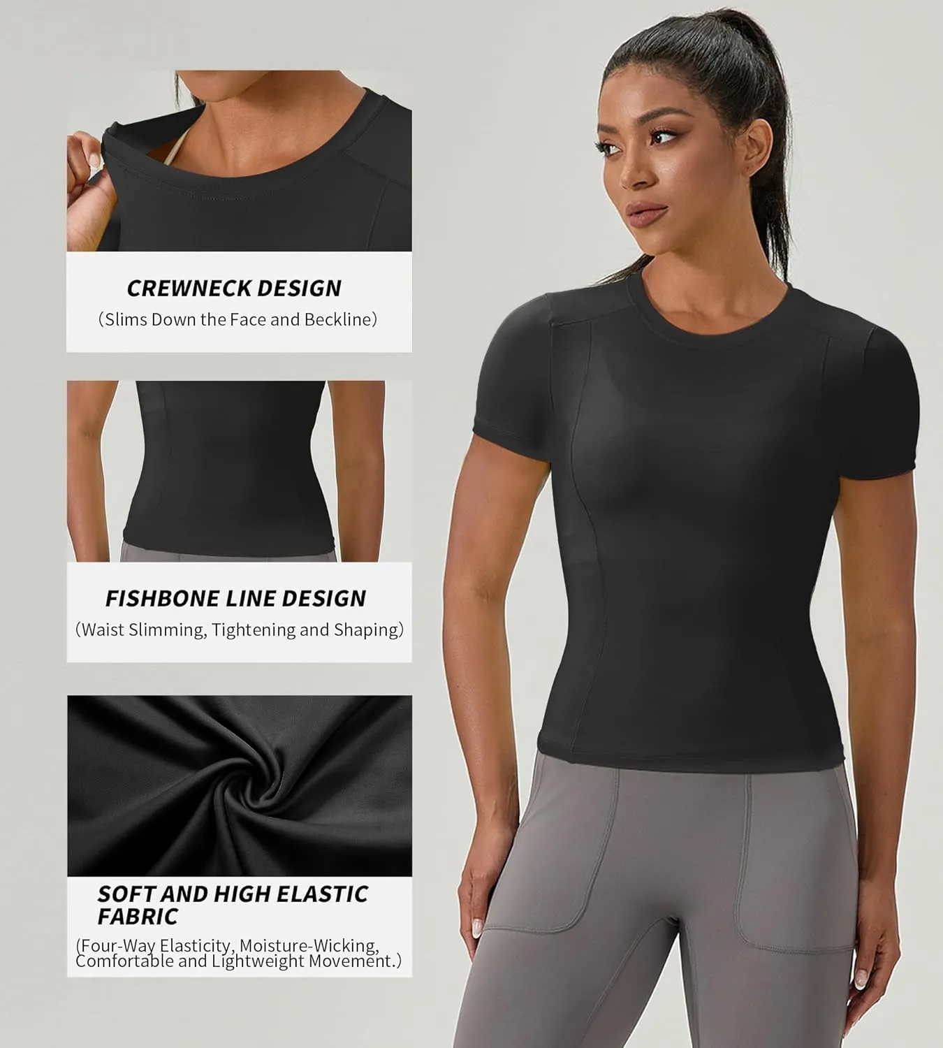 Women's Compression Shirts Short Sleeve Crewneck Athletic Nylon Workout Tops Yoga Gym Quick Dry Tee Shirts