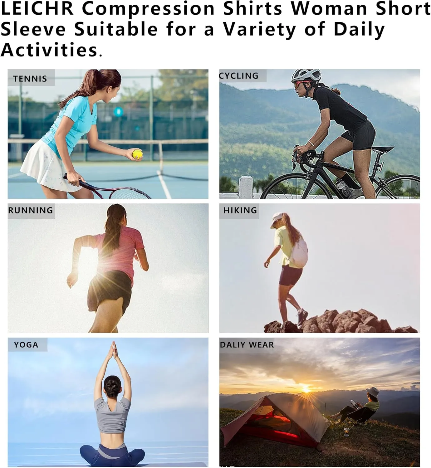 Women's Compression Shirts Short Sleeve Crewneck Athletic Nylon Workout Tops Yoga Gym Quick Dry Tee Shirts