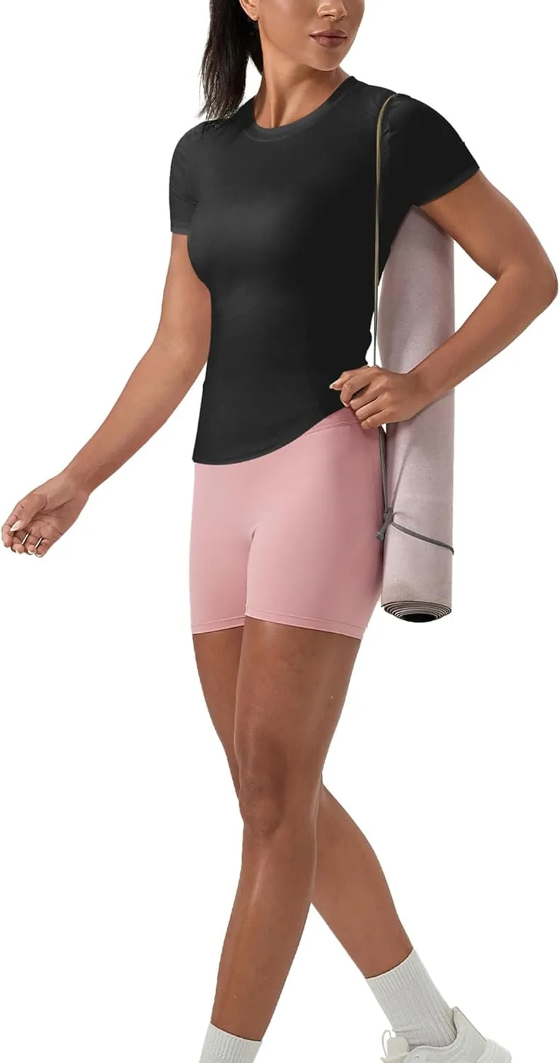 Women's Compression Shirts Short Sleeve Crewneck Athletic Nylon Workout Tops Yoga Gym Quick Dry Tee Shirts