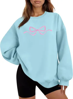 Womens Coquette Bow Sweatshirt - Embroidered Pink Bow Crewneck Pullover, Fall Clean Girl Style