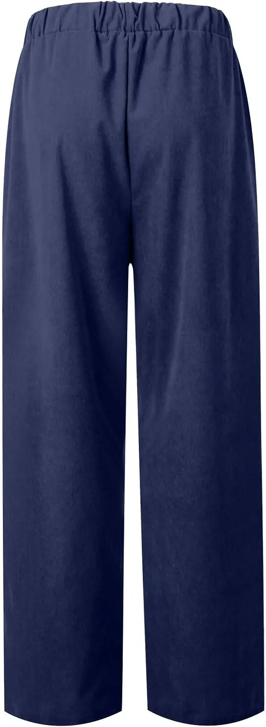 Women's Corduroy Pants Casual High Waist Straight Leg Pants Solid Color Comfy Baggy Pants Trousers with Pockets