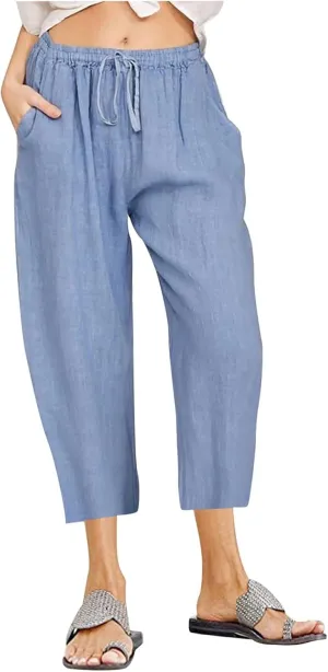 Women's Cotton Linen Capri Pants Lightweight Comfy Elastic High Waist Palazzo Pant 2025 Ladies Cropped Trousers