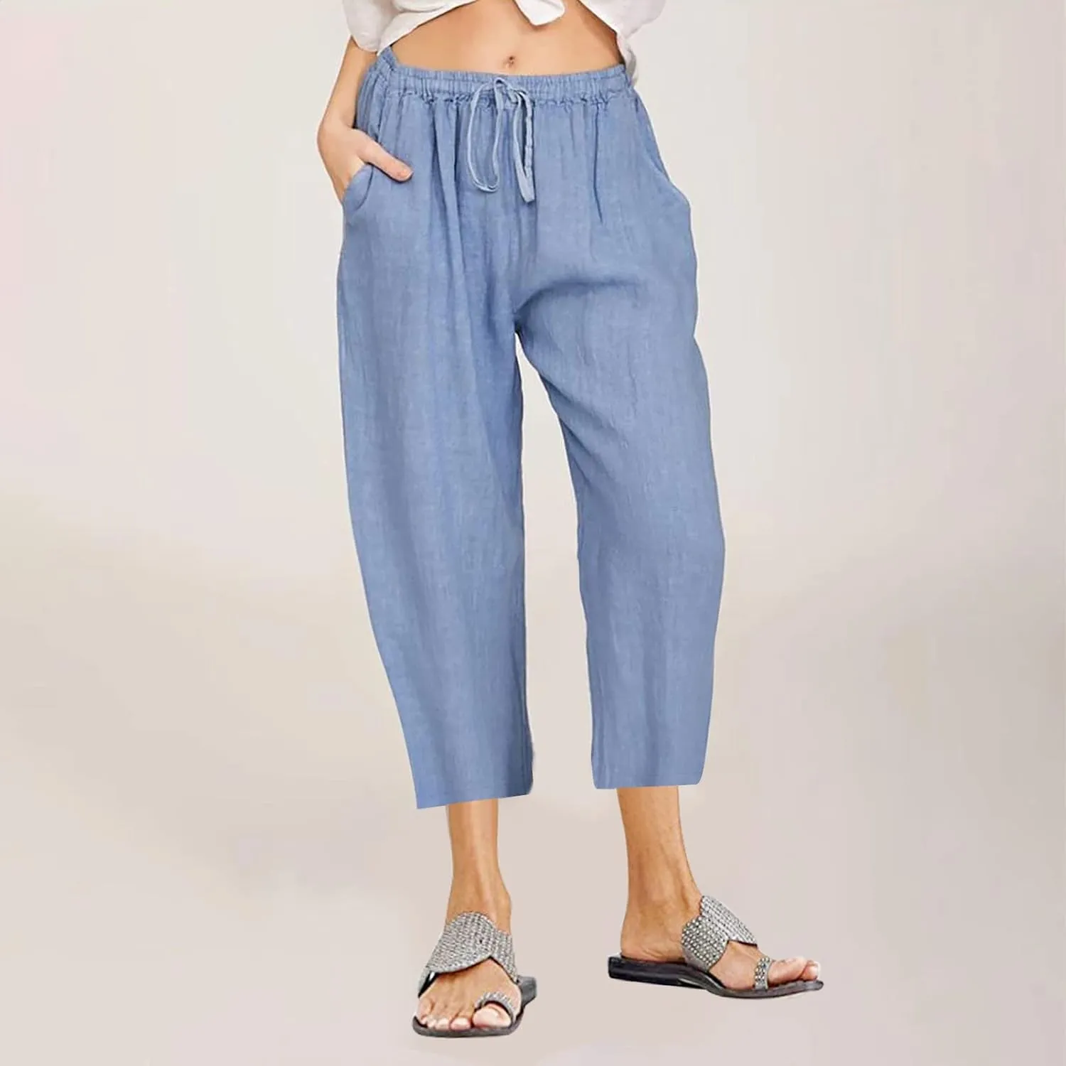 Women's Cotton Linen Capri Pants Lightweight Comfy Elastic High Waist Palazzo Pant 2025 Ladies Cropped Trousers