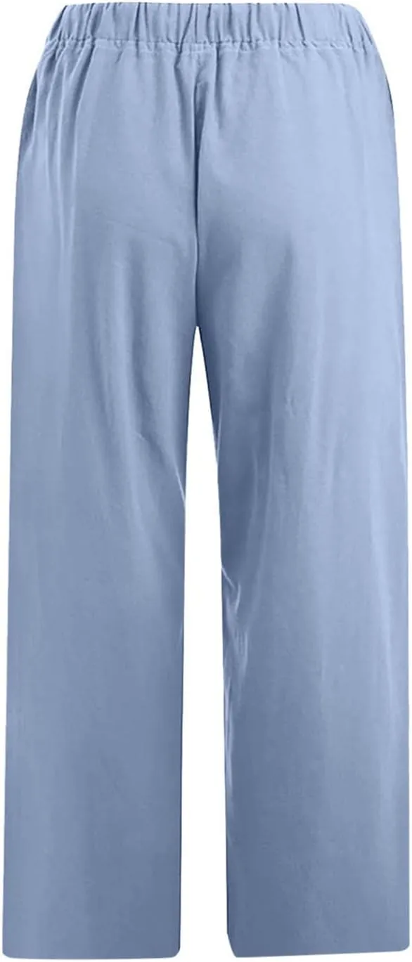Women's Cotton Linen Capri Pants Lightweight Comfy Elastic High Waist Palazzo Pant 2025 Ladies Cropped Trousers