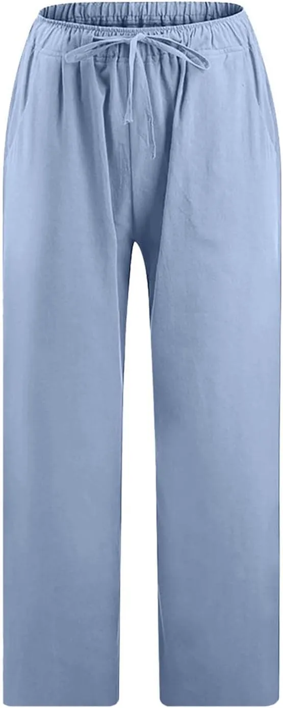 Women's Cotton Linen Capri Pants Lightweight Comfy Elastic High Waist Palazzo Pant 2025 Ladies Cropped Trousers