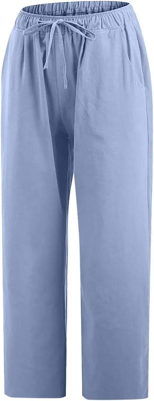 Women's Cotton Linen Capri Pants Lightweight Comfy Elastic High Waist Palazzo Pant 2025 Ladies Cropped Trousers