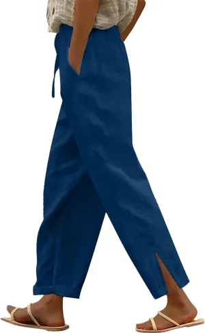 Womens Cotton Linen Casual Pants Loose Drawstring Elastic Waist Workout Athletic Palazzo Wide Leg Beach Trousers with Pockets