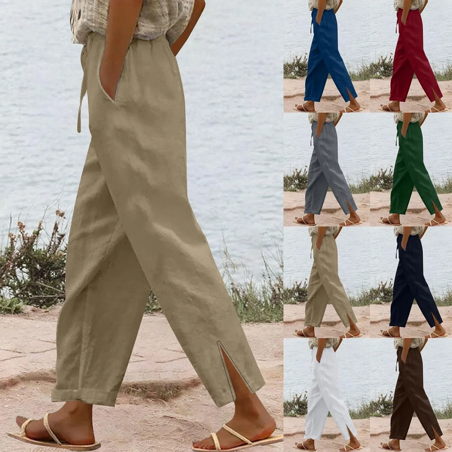Womens Cotton Linen Casual Pants Loose Drawstring Elastic Waist Workout Athletic Palazzo Wide Leg Beach Trousers with Pockets