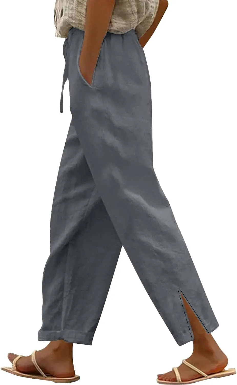 Womens Cotton Linen Casual Pants Loose Drawstring Elastic Waist Workout Athletic Palazzo Wide Leg Beach Trousers with Pockets