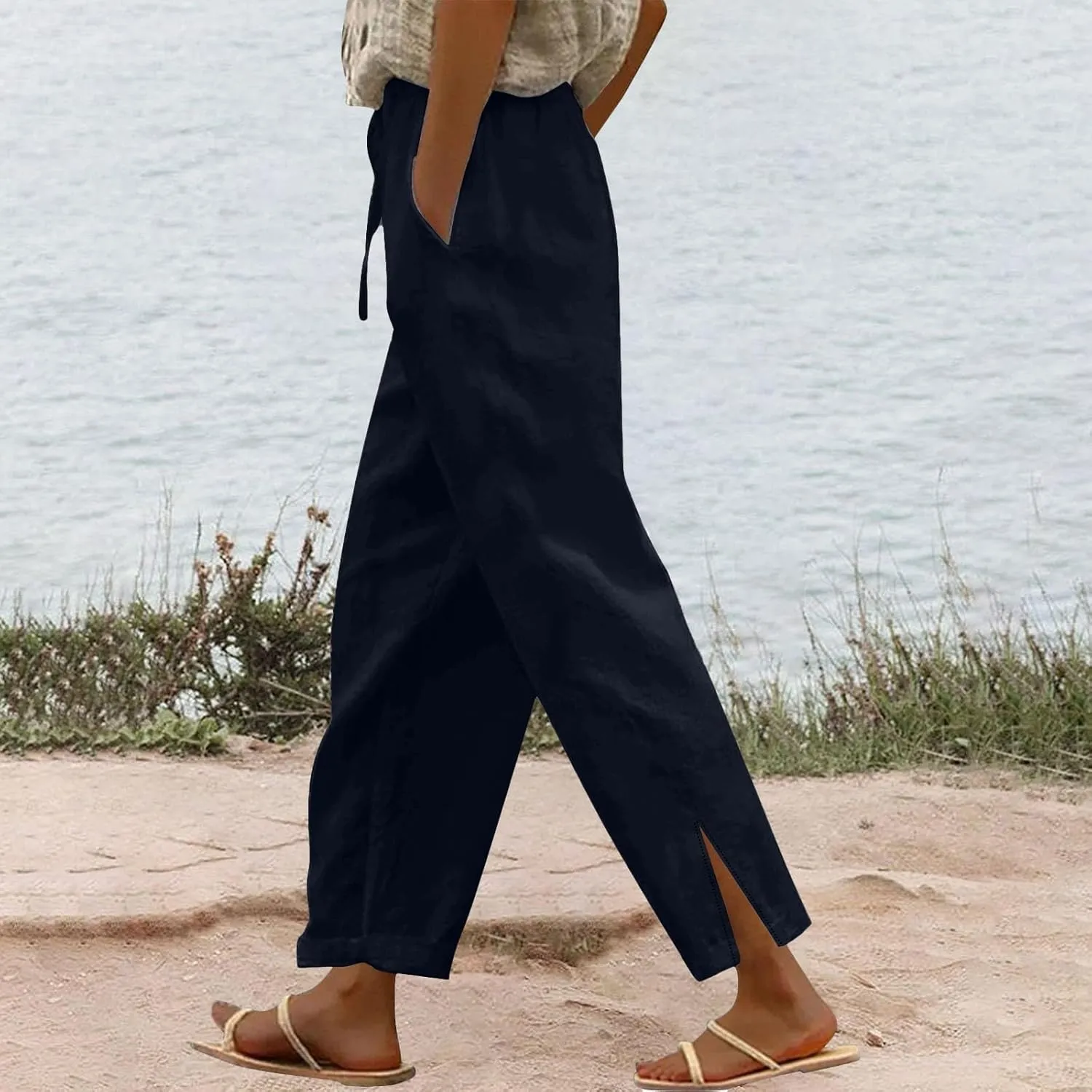 Womens Cotton Linen Casual Pants Loose Drawstring Elastic Waist Workout Athletic Palazzo Wide Leg Beach Trousers with Pockets