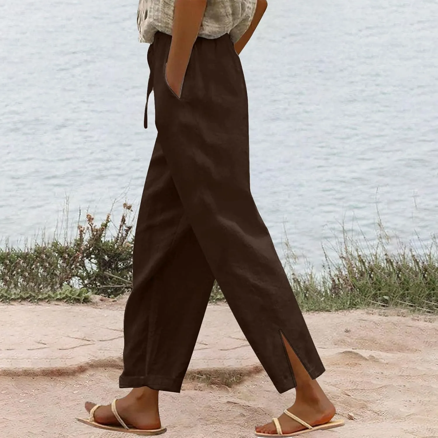 Womens Cotton Linen Casual Pants Loose Drawstring Elastic Waist Workout Athletic Palazzo Wide Leg Beach Trousers with Pockets