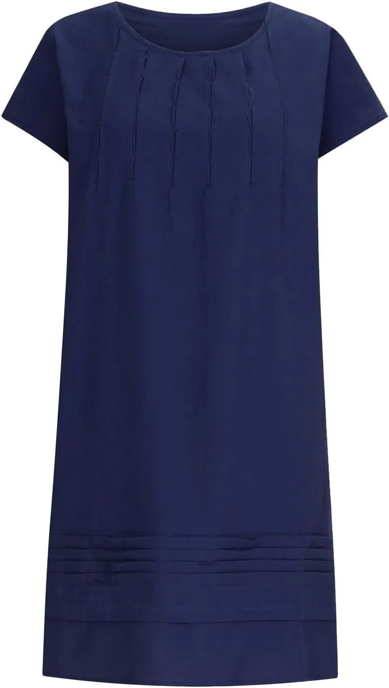 Women's Cotton Linen Midi Dress Plus Size Cap Sleeve Pleated Summer Dresses Vacation 2025 Crew Neck Casual Dress