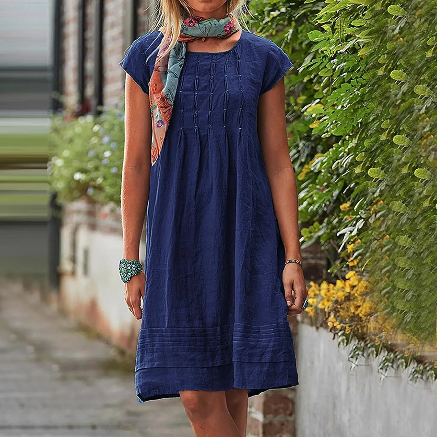 Women's Cotton Linen Midi Dress Plus Size Cap Sleeve Pleated Summer Dresses Vacation 2025 Crew Neck Casual Dress