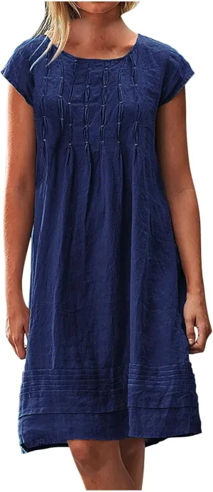Women's Cotton Linen Midi Dress Plus Size Cap Sleeve Pleated Summer Dresses Vacation 2025 Crew Neck Casual Dress