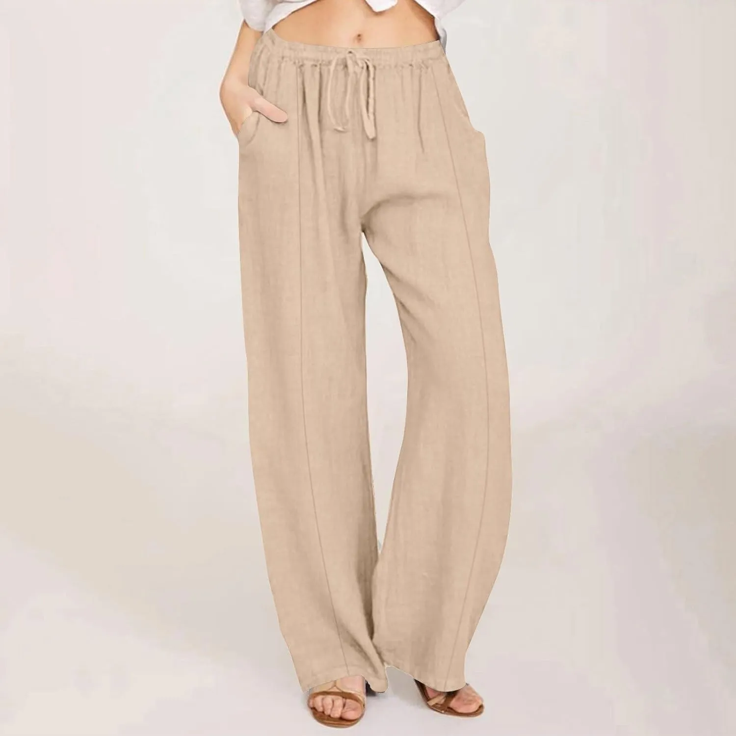 Womens Cotton Linen Palazzo Pants Plus Size Drawstring Elastic Waist Casual Wide Leg Trousers Palazzo Beach Pants