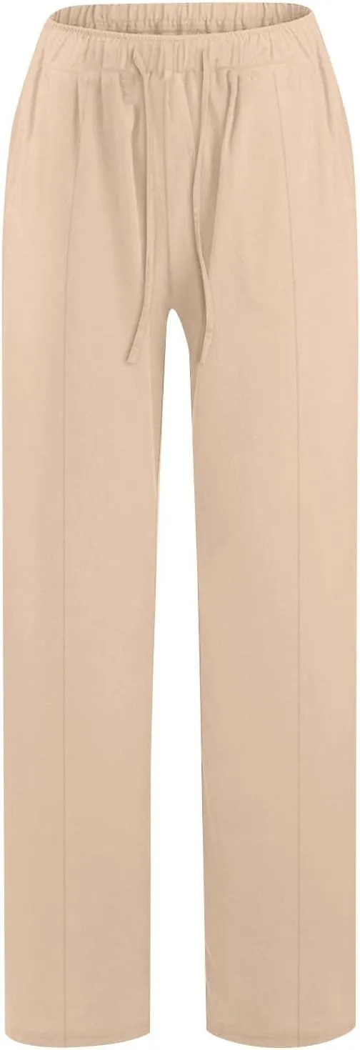 Womens Cotton Linen Palazzo Pants Plus Size Drawstring Elastic Waist Casual Wide Leg Trousers Palazzo Beach Pants