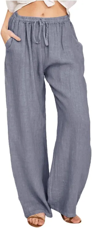 Womens Cotton Linen Palazzo Pants Plus Size Drawstring Elastic Waist Casual Wide Leg Trousers Palazzo Beach Pants