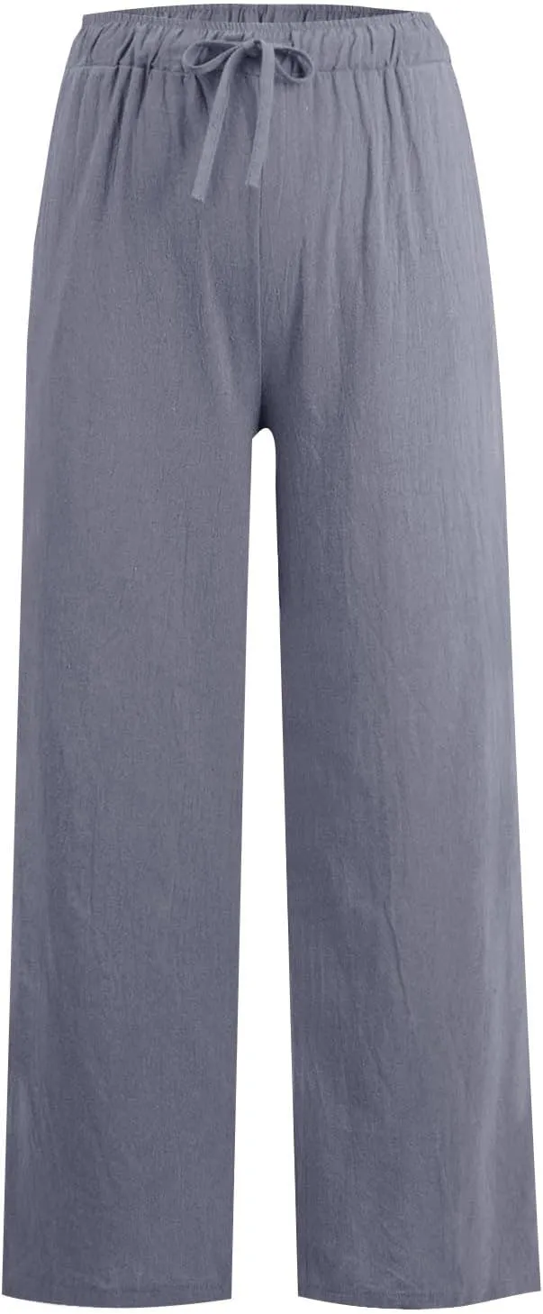 Womens Cotton Linen Palazzo Pants Plus Size Drawstring Elastic Waist Casual Wide Leg Trousers Palazzo Beach Pants