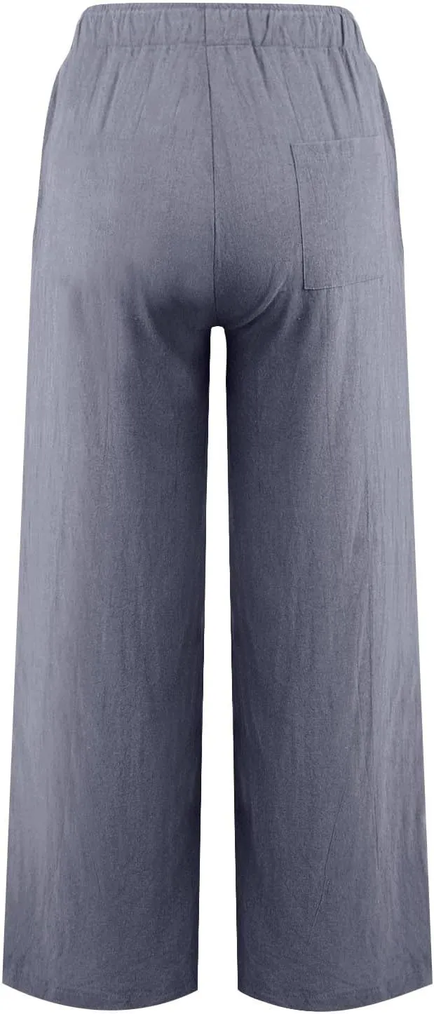Womens Cotton Linen Palazzo Pants Plus Size Drawstring Elastic Waist Casual Wide Leg Trousers Palazzo Beach Pants