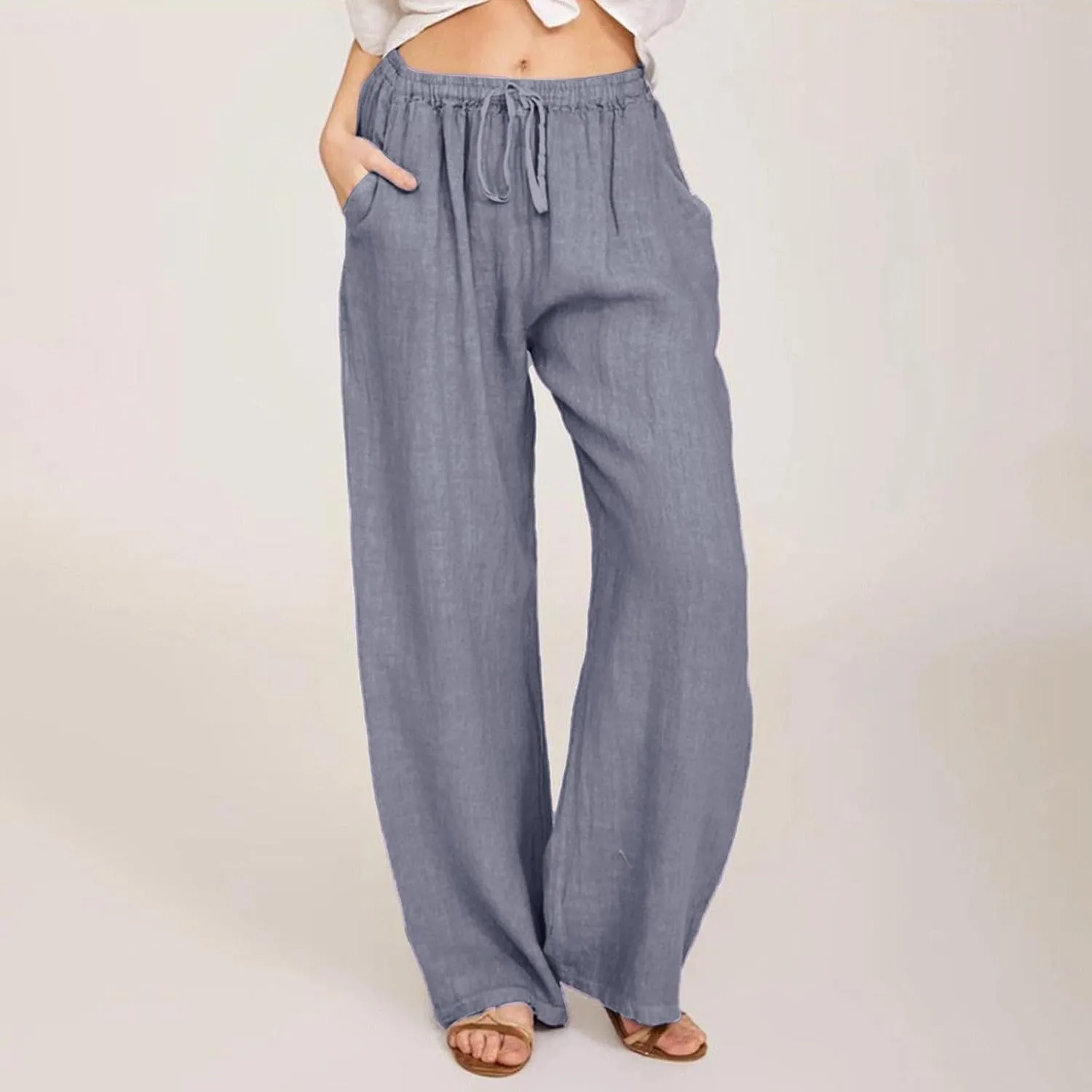 Womens Cotton Linen Palazzo Pants Plus Size Drawstring Elastic Waist Casual Wide Leg Trousers Palazzo Beach Pants