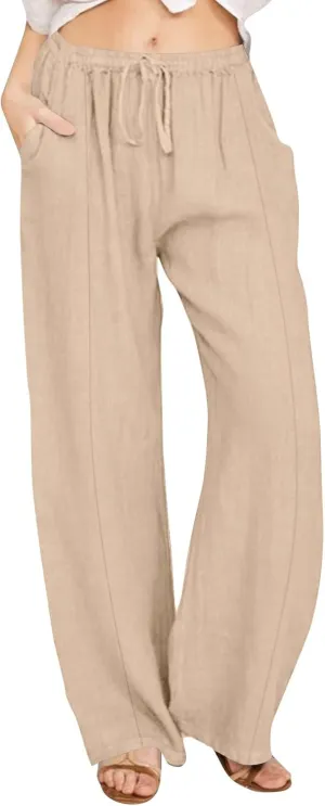 Womens Cotton Linen Palazzo Pants Plus Size Drawstring Elastic Waist Casual Wide Leg Trousers Palazzo Beach Pants